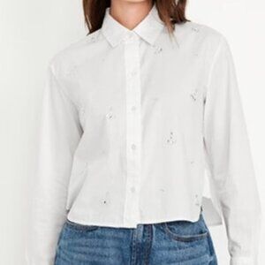 New Old Navy white rhinestone Embellished Cropped Button-Down Shirt XS Tall